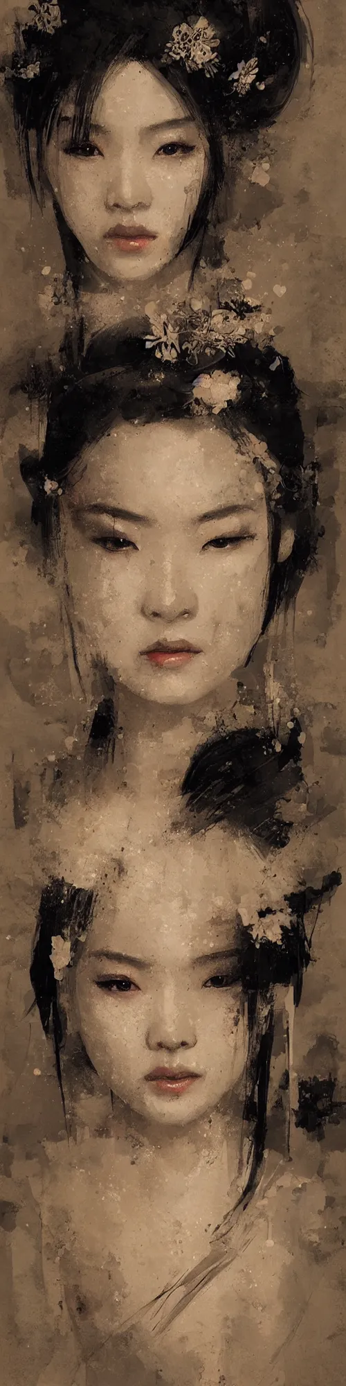 Image similar to female geisha girl, beautiful face, rule of thirds, intricate outfit, spotlight, by greg rutkowski, by jeremy mann