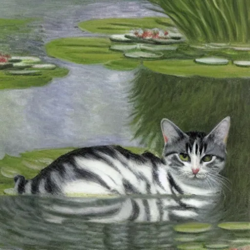 Prompt: a white and grey tabby cat, with a black and grey striped head and a white mouth, stretching on a lilypad floating on a lake, in the style of Water Lilies painting by Monet