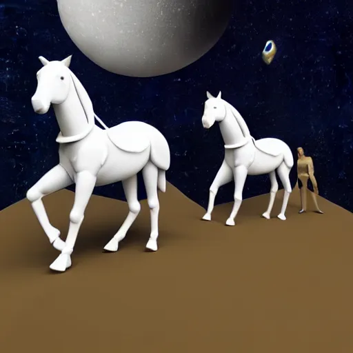 Prompt: an astronaut standing on the ground and a small trippy aggressive centaur standing on that poor standing on all fours astronaut, trying to ride it, the horse is on his shoulders, minimalist style, 3 d render, isometry