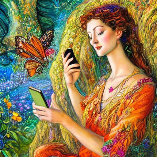 Image similar to a nature goddess checking her cell phone by josephine wall, acrylic on canvas, intricately detailed