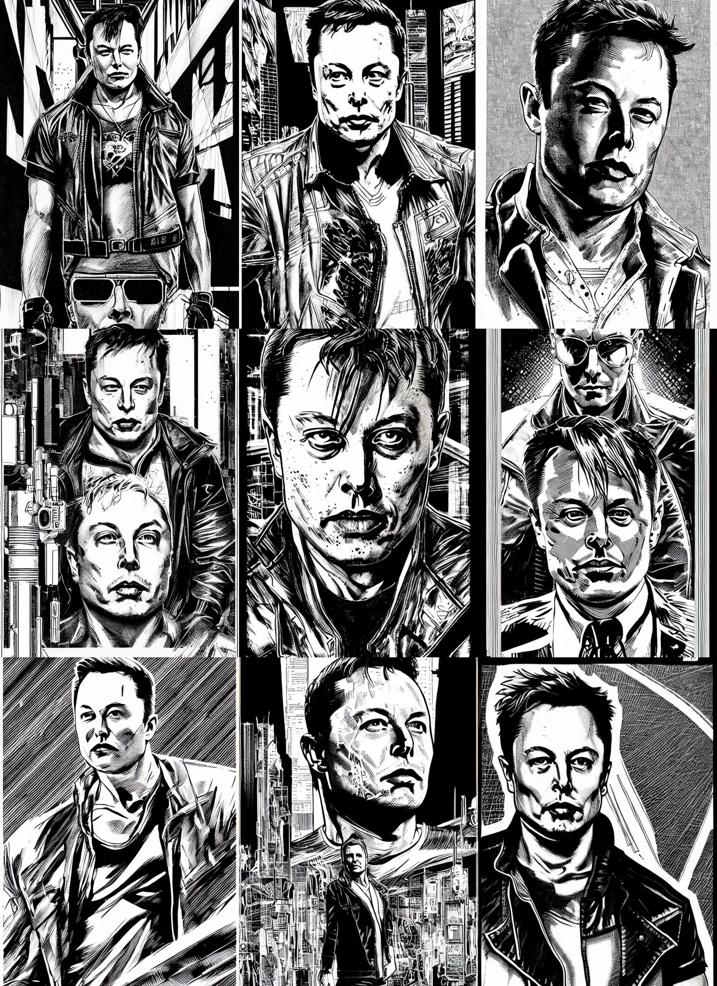 Prompt: elon musk, portrait, cyberpunk 2 0 2 0 manual, by steampoweredmikej, by tim bradstreet, inktober, ink drawing, black and white, coloring pages, manga, highly detailed