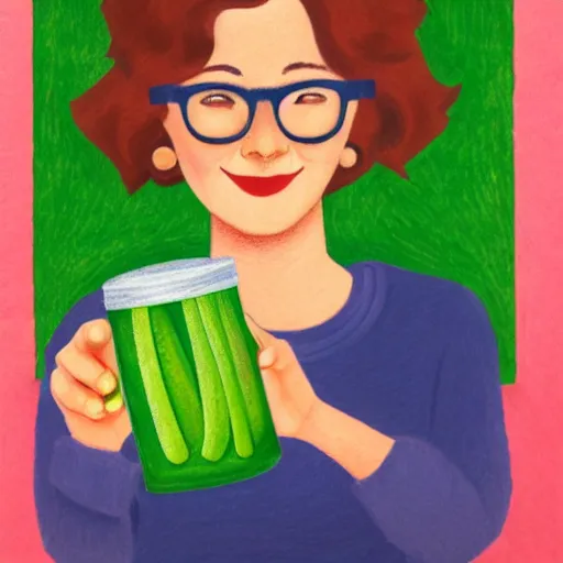 Prompt: pencil drawing of a smiling girl with short grey red hair and dark rim glasses, she is proudly holding a fido jar into the camera. close up photo. the fido jar is filled with big green pickles, by jean metzinger