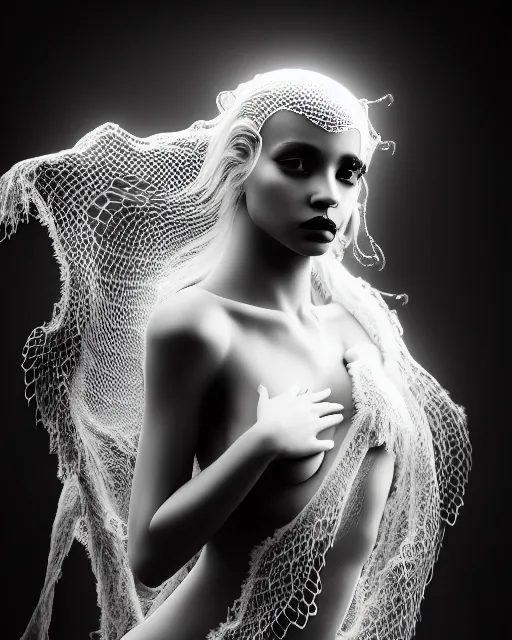 Image similar to surreal mythical dreamy dark artistic black and white fine art photo of a beautiful young female angel - mermaid - cyborg covered with translucent algae lace web, rim light, cinematic, studio dramatic light, poetic, octane render, 8 k, photo - realistic, by floria sigismondi