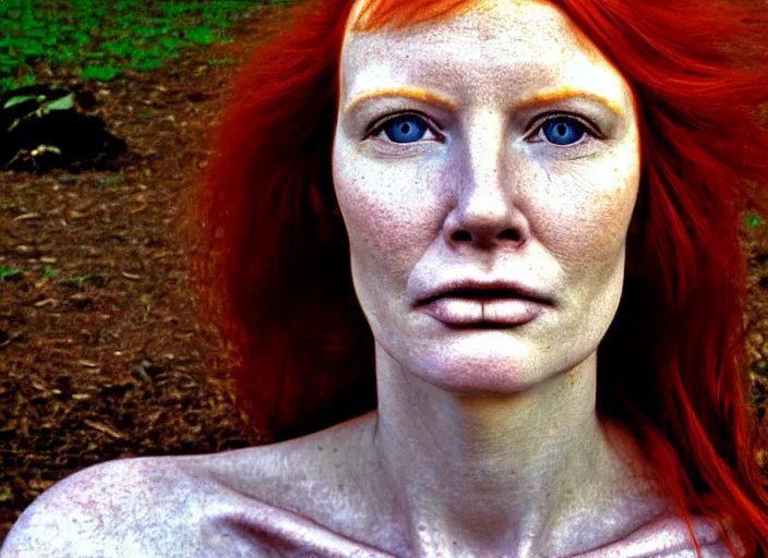 Image similar to award winning face close up portrait of a redhead in a park by hr giger