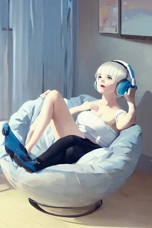 Prompt: a cute young woman lying in a ball chair listening to music with her eyes closed and wearing headphones, white bob cut hair, freckles, cozy setting, blue and white, warm lighting, cinematic, moody, nier automata, poster, oil on canvas, in the style of Ilya Kuvshinov, Krenz Cushart, Range Murata, Eero Aarnio, 8k