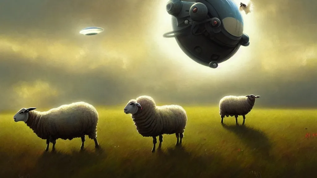 Prompt: sheep in a field being abducted by a ufo!, pastel cartoon, highly detailed, digital painting, artstation, concept art, smooth, sharp focus, illustration, art by simon bisley and greg rutkowski and alphonse mucha