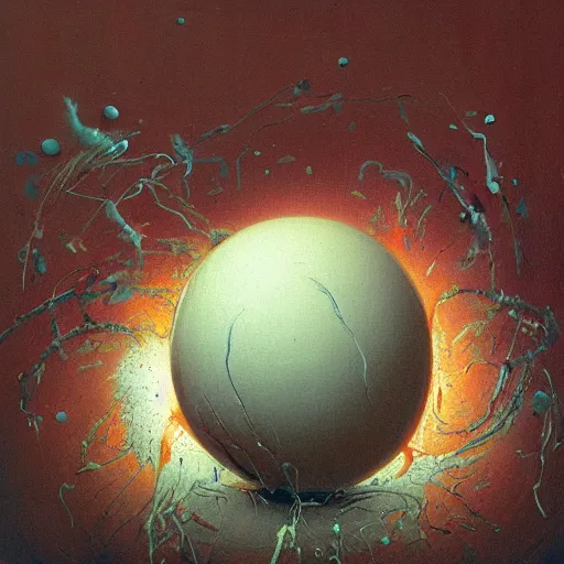 Image similar to a sphere being devoured by abstract splatters of white paint in the style of francis bacon, venus being engulfed in white flames in the style of james jean, surreal, beksinski, high detailed