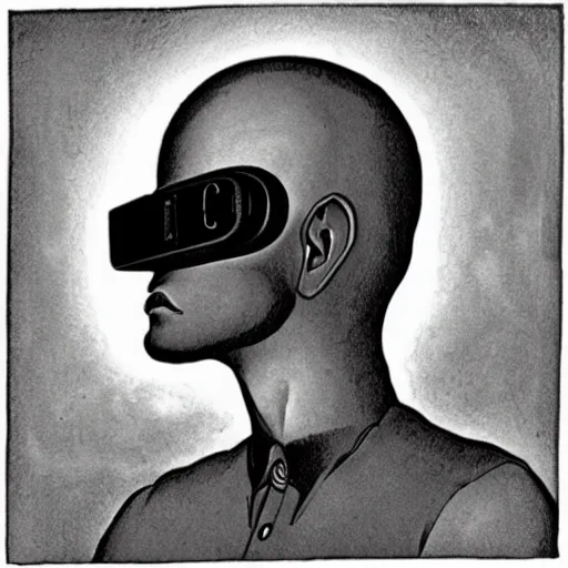 Prompt: a m. c. escher style drawing of a man with a vr helmet