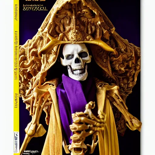 Prompt: photorealistic still portrait photograph of real - life ainz looking at the camera, overlord, regal purple gold robe, depth of field, soft focus, highly detailed, intricate, realistic, national geographic cover, textured detailed skeleton, professional archeological photograph