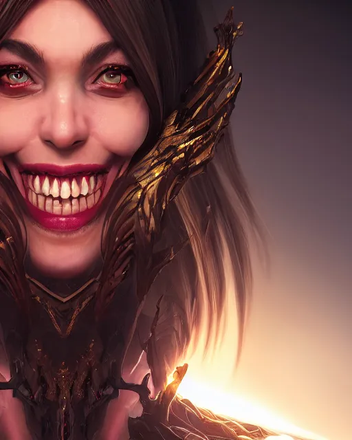 Prompt: headshot portrait, demon queen inside her hellish throne room, mischievous smile, detailed, realistic, studio lighting, unreal engine, cgsociety