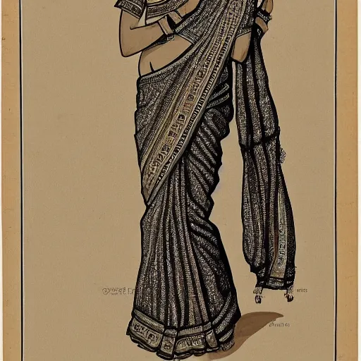 Image similar to line art of a women from maharashtra in saree from 2 0 th century extremely detailed, intricate