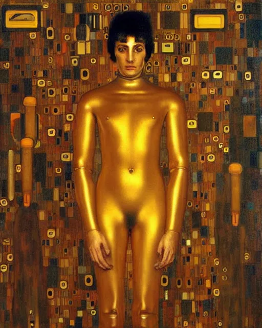 Image similar to Golden Portrait of a Robot from queen by Gustav Klimt, cyberpunk noir, baroque elements, intricate artwork by caravaggio, aesthetic, intricate, highly detailed, masterpiece