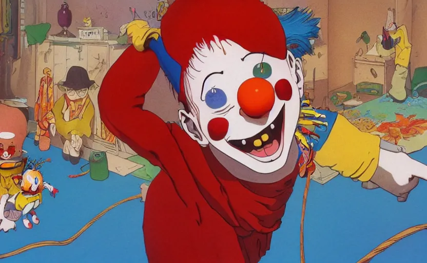 Image similar to the silly clown awoke from its slumber beneath the bed frame, digital painting masterpiece, haunting beautiful brush strokes, painted by Moebius and Hayao Miyazaki and Akira Toriyama