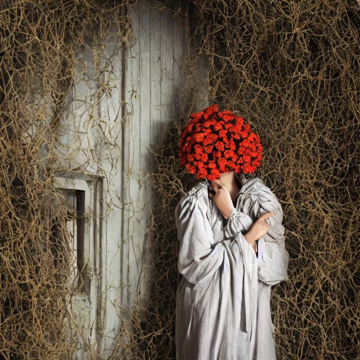 Image similar to a woman wearing a hooded cloak made of zinnias and barbed wire, in a derelict house, by Zhang Jingna, natural light, detailed face, CANON Eos C300, ƒ1.8, 35mm, 8K, medium-format print