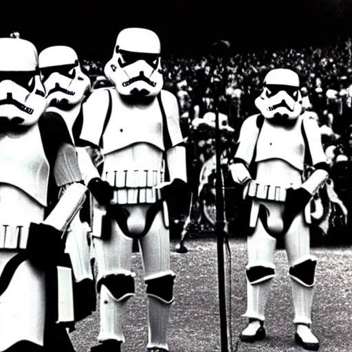 Image similar to A rock band made up of Imperial Stormtroopers playing music on stage at Woodstock (1969)