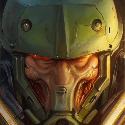 Image similar to Doomguy Doom Eternal, detailed, centered, digital painting, artstation, concept art, donato giancola, Joseph Christian Leyendecker, WLOP, Boris Vallejo, Breathtaking, 8k resolution, extremely detailed, beautiful, establishing shot, artistic, hyperrealistic, beautiful face, octane render, cinematic lighting, dramatic lighting, masterpiece