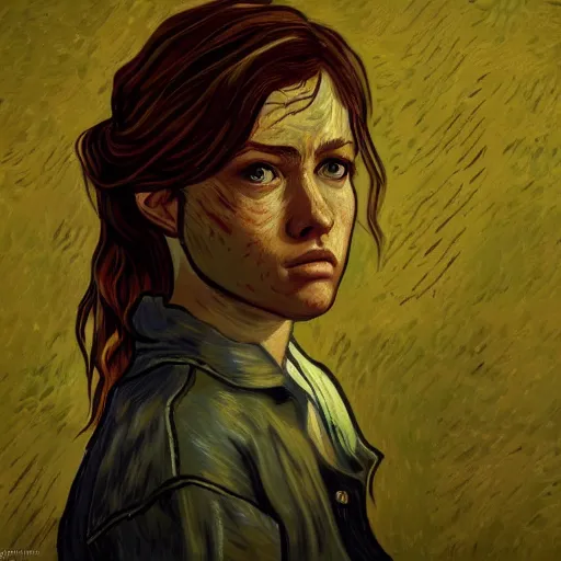 Prompt: Abby Anderson (from The Last of Us) in the style of Vincent Van Gogh, masterpiece digital painting, 4k wallpaper, intricate detail, beautiful, gorgeous, stunning, artstation