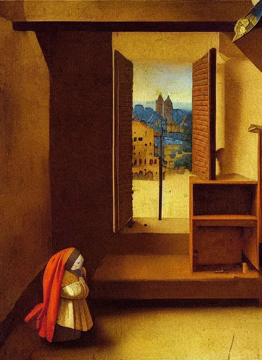 Image similar to bookshelf with children toys, medieval painting by jan van eyck, johannes vermeer, florence