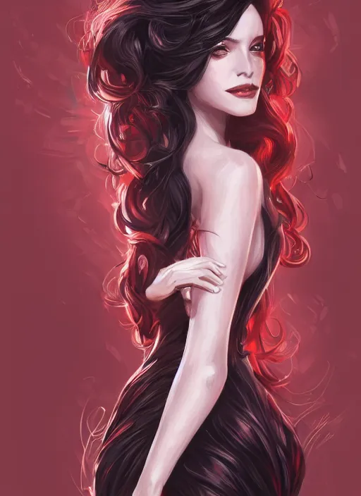 Prompt: a highly detailed illustration of beautiful long black hair white woman wearing a red dress, dramatic smile pose, intricate, elegant, highly detailed, centered, digital painting, artstation, concept art, smooth, sharp focus, league of legends concept art, WLOP
