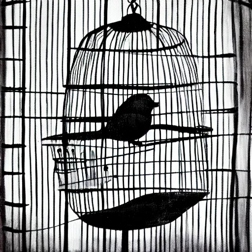 Image similar to a painting of a bird in a cage, black and white