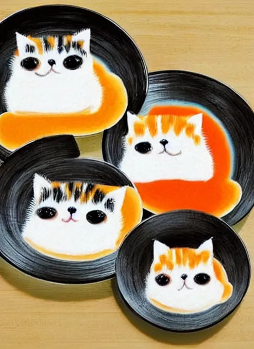 Image similar to clear surrealist painting of tiny adorable cats made from sushi rice, sitting on sushi plates with sushi, garnish, wasabi and soy sauce