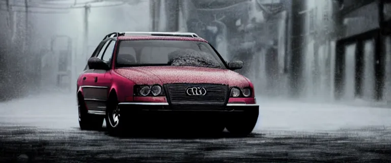 Image similar to Audi A4 B6 Avant (2002), eldritch horror anomaly, a gritty neo-noir, dramatic lighting, cinematic, eerie person, death, homicide, homicide in the snow, gunshots, establishing shot, extremely high detail, photorealistic, red fog, chaos, arson, burning city, cinematic lighting, artstation, by simon stalenhag, Max Payne (PC) (2001) winter New York at night, In the style of Max Payne 1 graphic novel, flashing lights, Poets of the Fall - Late Goodbye