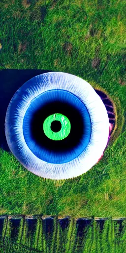 Prompt: huge giant eyeball sitting in a park, drone shot, 5 0 mm f 2. 5, daylight