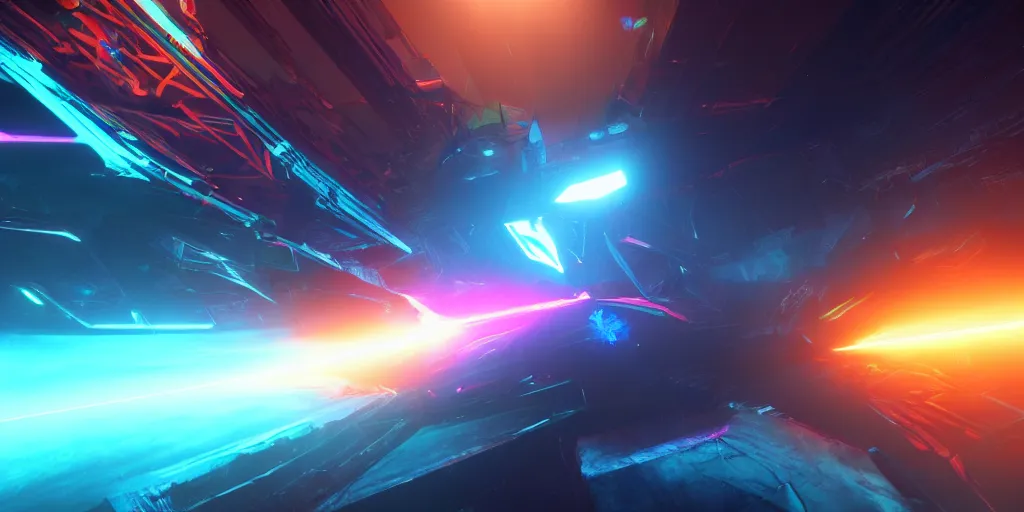 Image similar to screenshot of the videogame tempest, vector, axure sky, neon glow, lens flare, 8 k, unreal engine