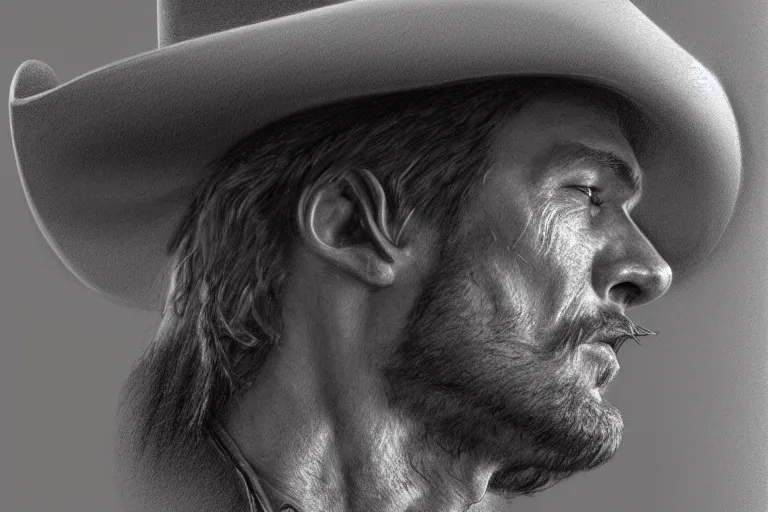 Prompt: hyperrealist pencil sketch of a cowboy by david malan, fantasy art, drawing, dynamic lighting, artstation, poster, volumetric lighting, very detailed faces, 4 k, award winning