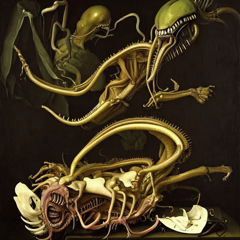 Prompt: still life of xenomorph by hieronymus bosch, wide shot, soft glow bloom lucid dream - like ethereal atmosphere, baroque portrait painting, perfect composition, beautiful intricate detailed octane render trending on artstation, 8 k artistic photography, volumetric cinematic perfect light, chiaroscuro, masterpiece, raphael, caravaggio, rutkowski, beeple, beksinski