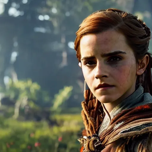 Image similar to emma watson as aloy from the new horizon zero dawn movie, movie still, 8 k, realistic