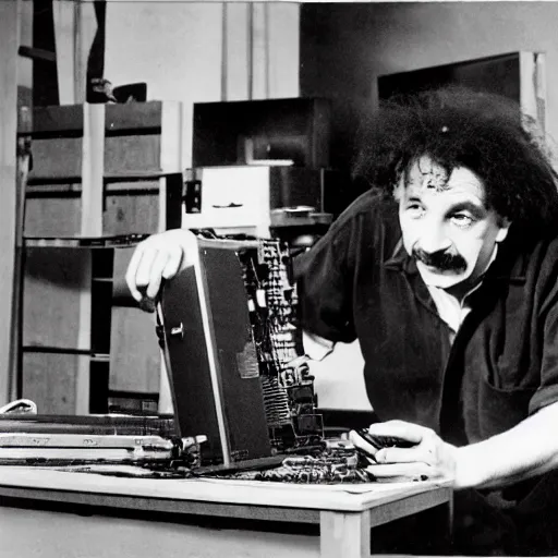 Prompt: Studio photo of Einstein building a PC, by Leibowitz, detailed, photorealistic