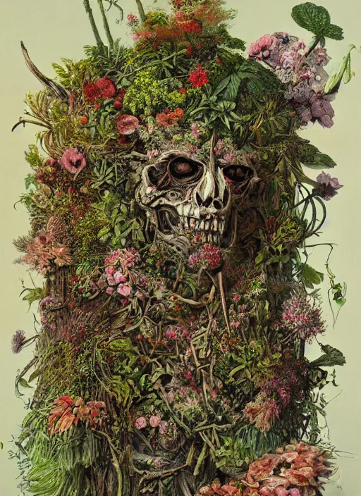 Image similar to a hyper detailed fine painting of a monster made of woods herbs flowers and plants, horror surrealism