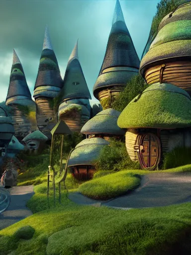 Image similar to futuristic hobbit town in the style of miyazaki, realistic lighting, octane render, beautiful weather, 8 k,