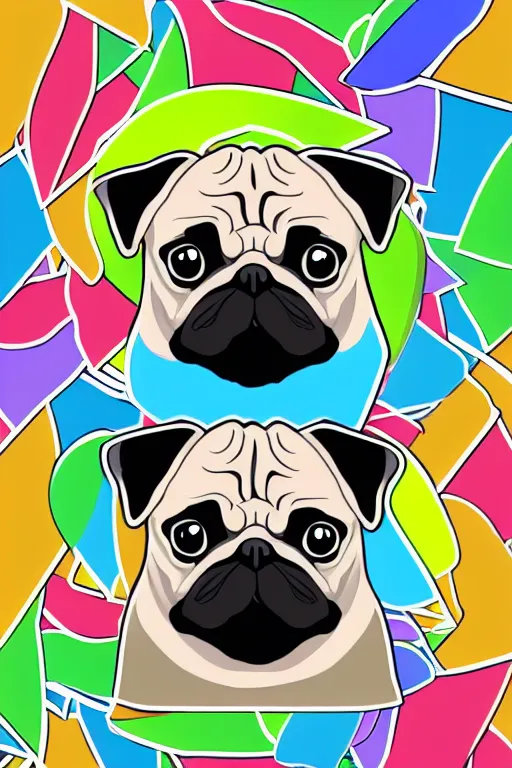 Image similar to Pug as a evil killer, sticker, colorful, illustration, highly detailed, simple, smooth and clean vector curves, no jagged lines, vector art, smooth