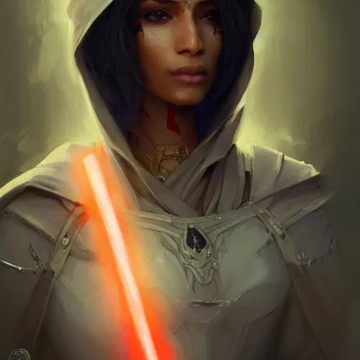 Image similar to darth alphinaud leveilleur, freida pinto, art by artgerm and greg rutkowski and magali villeneuve, portrait, highly detailed, headshot, intricate, elegant, digital painting, trending on artstation, concept art, sharp focus, illustration