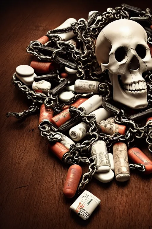 Image similar to beutifull and very tired womanlooking pile Off pills, drugs, cigarrette boxes on wooden table, skull made out of smoke coming out of pills, fantasy, intricate, elegant, highly detailed, digital painting, artstation, concept art, addiction, chains, smooth, sharp focus, illustration, art by Ilja Repin