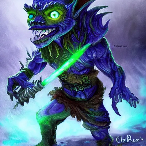 Image similar to a highly detailed goblin with blue skin and green eyes that glow, like magic the gathering, goblin chainwalker, with water in the background, digital art, by christopher rush