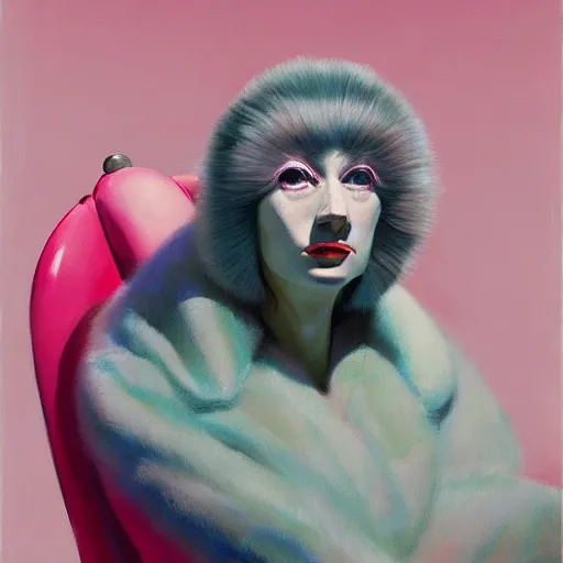 Prompt: Portrait of a diva wearing a pink shiny robe with fur , very coherent, painted by Edward Hopper, Wayne Barlowe, painted by James Gilleard, airbrush, art by JamesJean