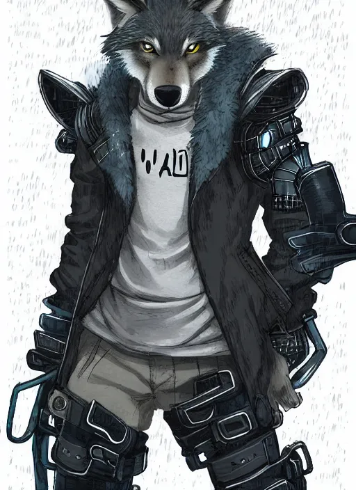 Image similar to character portrait of a male anthro wolf fursona with a tail and a cute beautiful attractive detailed furry face wearing stylish cyberpunk clothes in a cyberpunk city at night while it rains. hidari, color page, tankoban, 4K, tone mapping, Akihiko Yoshida.