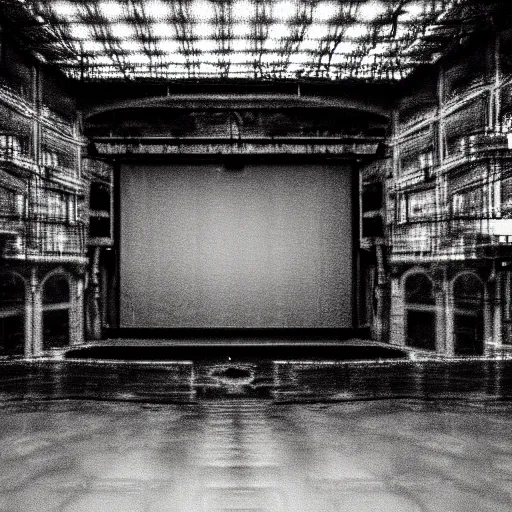 Prompt: a grainy photo of a shadowy figure in a birdcage on a large old abandoned theatre stage, black and white, motion blur, long exposure