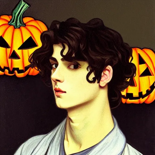 Prompt: painting of young cute handsome beautiful dark medium wavy hair man in his 2 0 s named shadow taehyung at the halloween pumpkin jack o'lantern party, depressed, melancholy, autumn, japan, elegant, clear, painting, stylized, delicate, soft facial features, delicate facial features, soft art, art by alphonse mucha, vincent van gogh, egon schiele