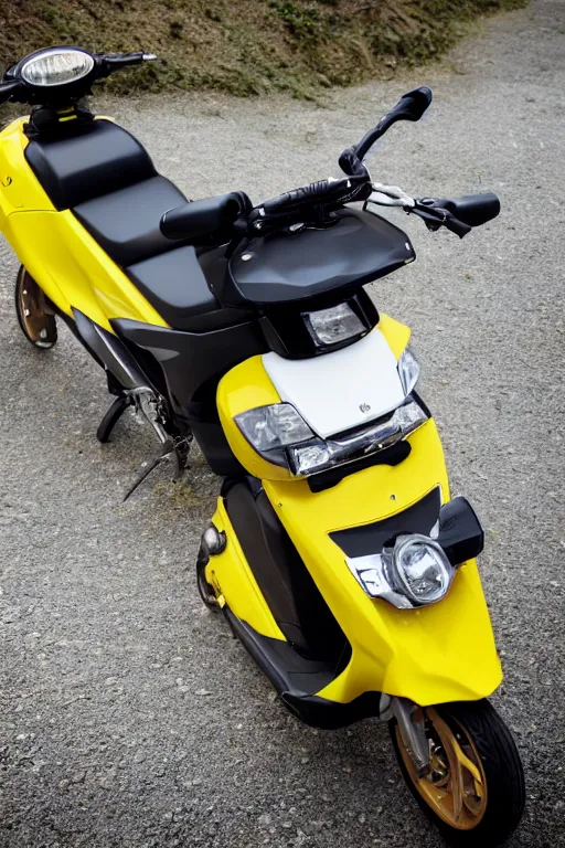 Image similar to yamaha dio with yellow, carbon and white paintjob, mountainroad background, midday, 5 0 0 ccm engine, race style, custom scooter, dslr, 8 5 mm, f / 1. 3
