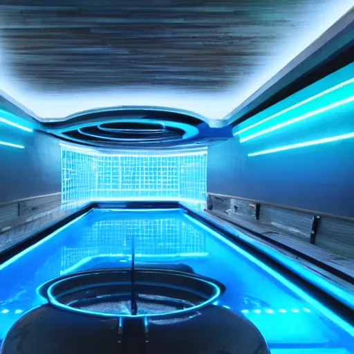 Image similar to a futuristic blue neon hub with a pool