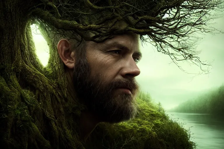 Prompt: ultra realistic, cinematic, headshot portrait, of a tree wizard, branches, facial features, background of a vast serene landscape, with trees and rivers, detailed, deep focus, movie still, dramatic lighting, ray tracing, by michal karcz and yoshitaka amano