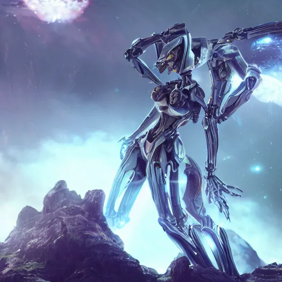 Image similar to extremely detailed cinematic low ground shot of a giant 1000 meter tall beautiful stunning female warframe goddess, that's an anthropomorphic hot robot mecha female dragon, silver sharp streamlined armor, detailed head, sharp claws, glowing Purple LED eyes, sitting cutely in the background on top of a mountain, a tiny forest with a village in the foreground, fog rolling in, dragon art, warframe fanart, Destiny fanart, micro art, macro art, giantess art, fantasy, goddess art, furry art, furaffinity, high quality 3D realistic, DeviantArt, Eka's Portal, HD, depth of field