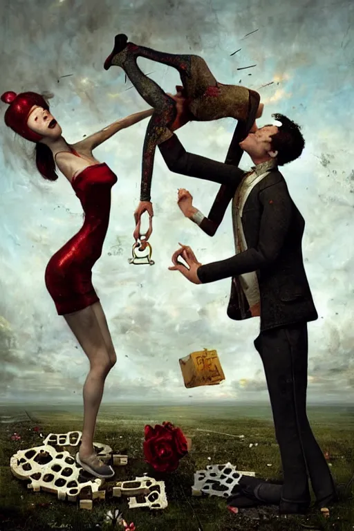 Image similar to man breaking into pieces while a woman tries to hold the fallen parts, surreal, ray caesar and john constable