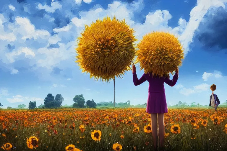 Prompt: giant thistle flower head, a girl in suit in a field of flowers, surreal photography, sunrise, blue sky, dramatic light, impressionist painting, digital painting, artstation, simon stalenhag
