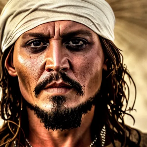 Image similar to stunning awe inspiring johnny depp as the jesus christ, movie still 8 k hdr atmospheric lighting