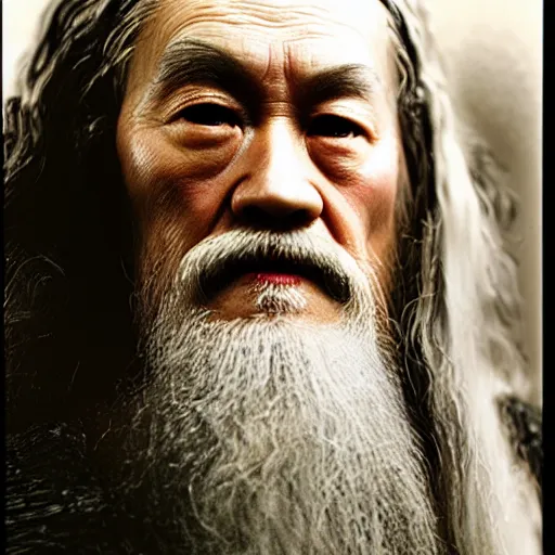 Prompt: a still from “ lord of the rings ” of a head and shoulders portrait of master tang as gandalf, photo by phil noto